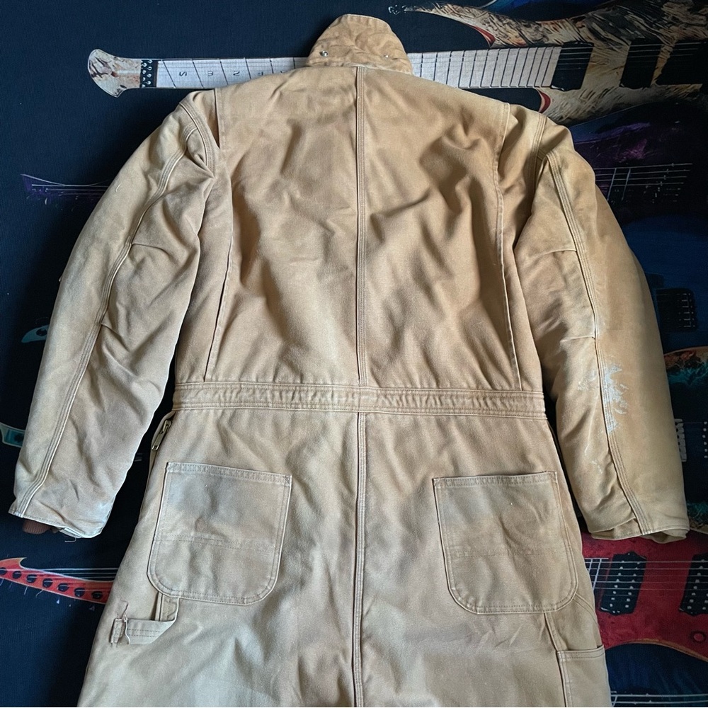 Vintage 80s Carhartt Tan Slightly Distressed Coverals W/Corduroy Collar 46 Short - Picture 6 of 16